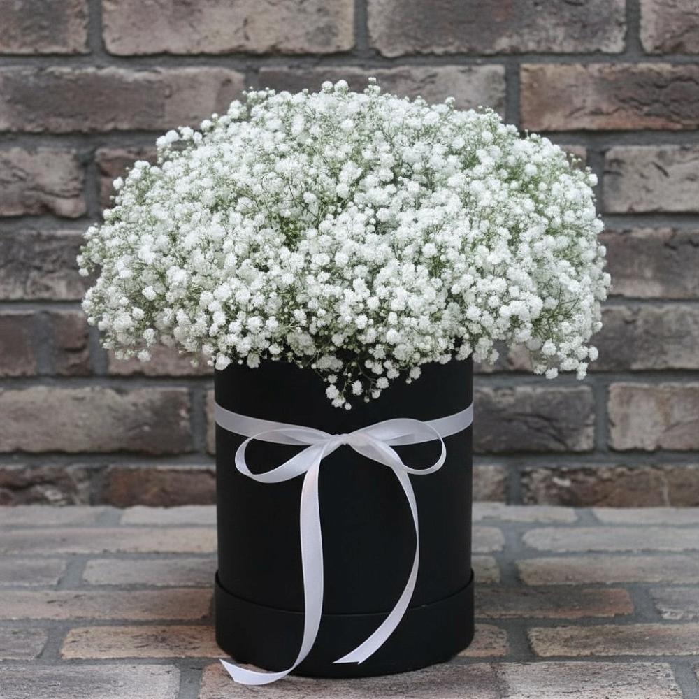 Цветочная композиция из Гипсофила в шляпной коробке в Северном Белгородской области