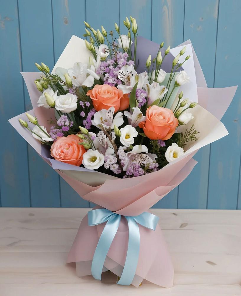 Букет цветов из: Лизиантусы, Розы, Альстромерии и Гипсофила в Северном Белгородской области