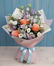 Букет цветов из:  Лизиантусы, Розы, Альстромерии и Гипсофила в Северном Белгородской области