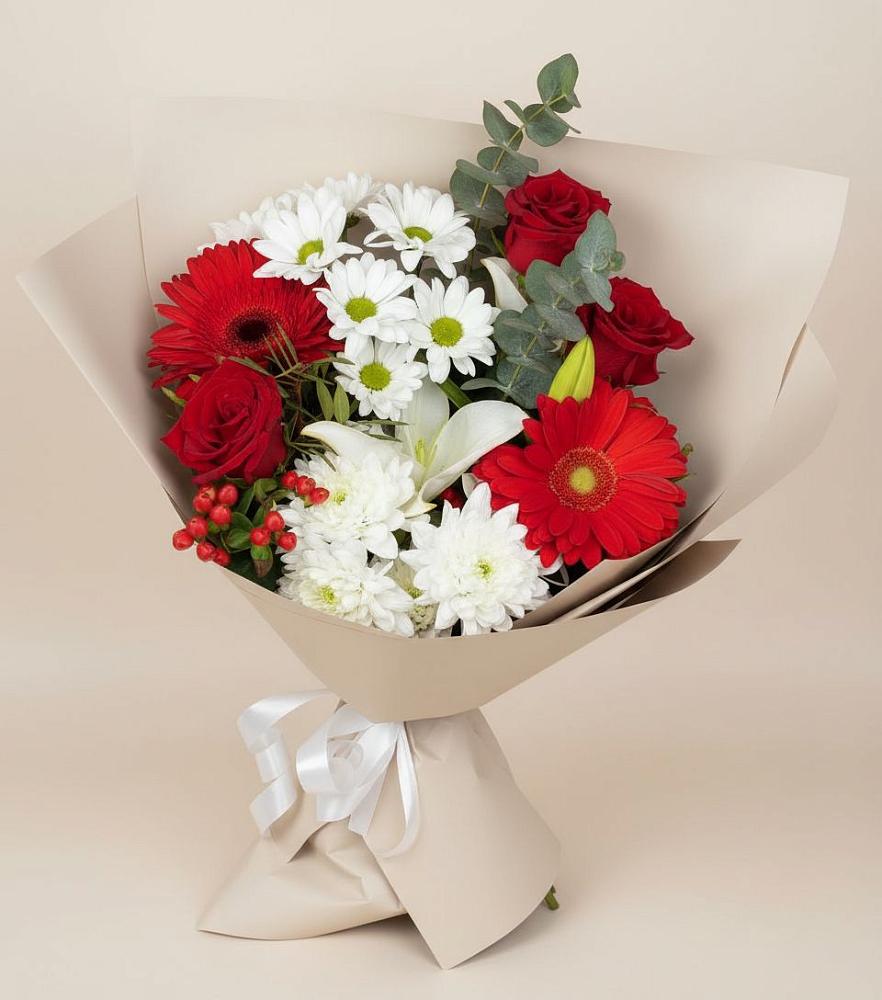 Букет цветов из: Розы, Хризантемы, Герберы и Лилии в Северном Белгородской области