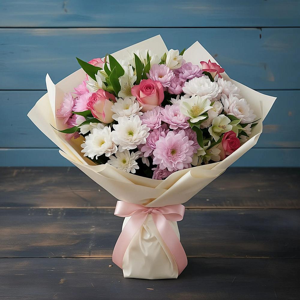 Букет цветов из: Хризантемы, Альстромерии и Розы в Северном Белгородской области